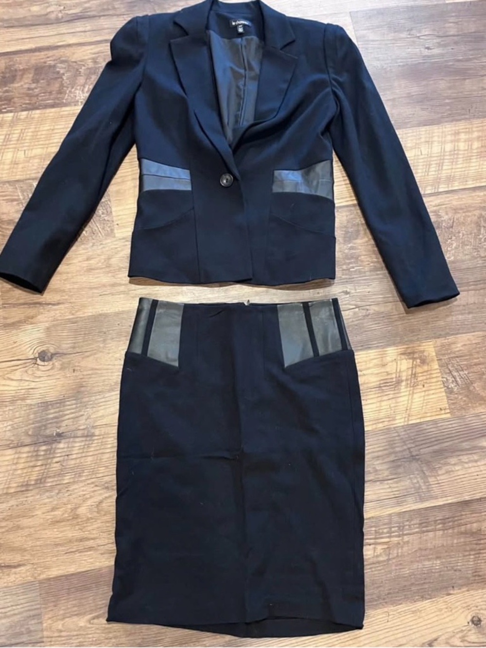 Black Two-Piece Blazer & Pencil Skirt Set with Leather Trim by Le Chateau